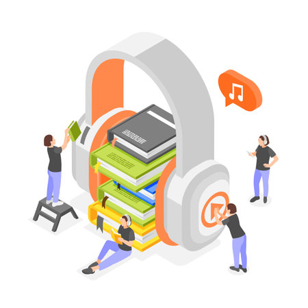 Audio book isometric composition with image of big headphones and stack of books with human characters vector illustrationのイラスト素材