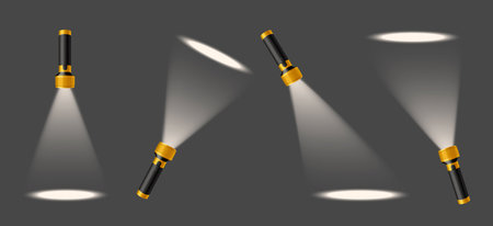 Handheld flashlights with light spots realistic searching design concept isolated on grey background vector illustrationのイラスト素材