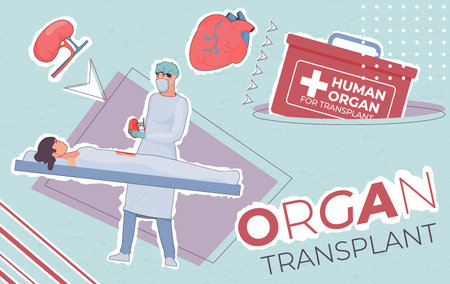 Organ transplant composition with collage of flat text internal organ images and doctor performing surgical procedure vector illustrationのイラスト素材