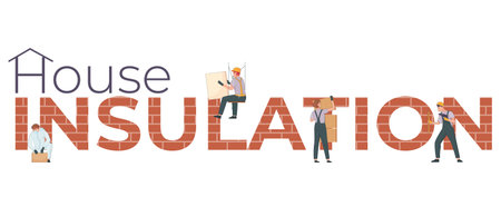Thermal insulation flat text composition with letters made of wall bricks and characters of working builders vector illustrationのイラスト素材