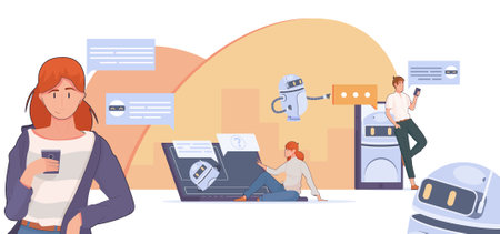 Chat bot composition with human characters using gadgets and flying robots spreading chat bubbles flat images vector illustrationのイラスト素材