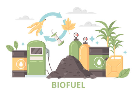 Green energy flat design concept consisting of organic waste and byproducts as sources of different types of biofuel vector illustrationのイラスト素材