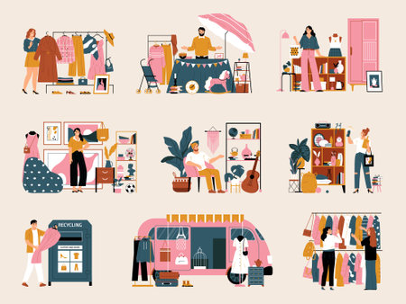 Second hand and sunday market color icons set isolated vector illustrationのイラスト素材