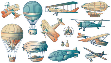 Aeronautics set of isolated retro and vintage style images of aircraft and flying transport air ships vector illustrationのイラスト素材