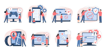 Parental control set with flat isolated compositions of gadget icons pictograms characters of parents and children vector illustrationのイラスト素材