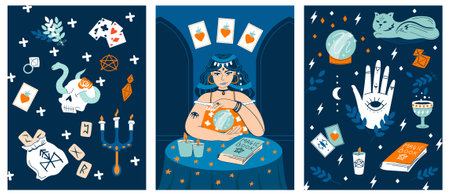 Fortune tellers flat cards with magic book runes crystal ball tarot candles accessories vector illustrationのイラスト素材