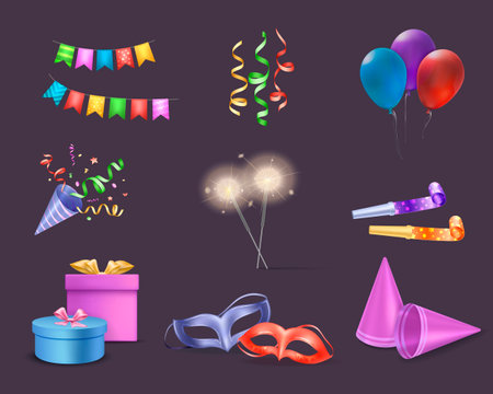 Celebration party set with balloons and ribbons symbols realistic isolated vector illustrationのイラスト素材