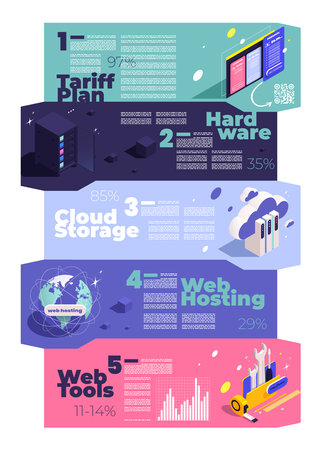 Web hosting icons isometric infographics with set of horizontal banners with tips for using internet tools vector illustrationのイラスト素材
