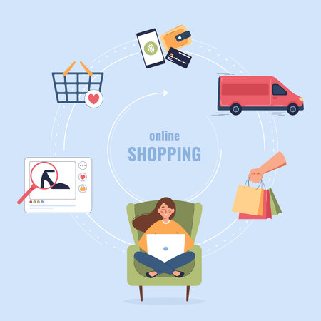 Shopping people flat infographic composition with round diagram of searching payment and delivery icons and text vector illustrationのイラスト素材