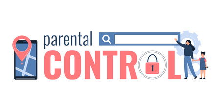 Parental control flat composition of text icons of lock smartphone search bar with mother and daughter vector illustrationのイラスト素材
