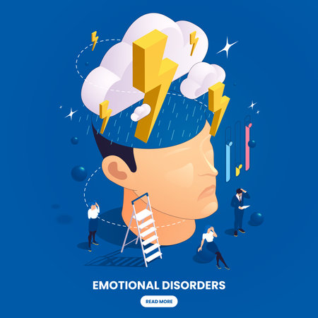 Emotional intelligence thinking mental concepts isometric composition with clickable button text and image of human head vector illustrationのイラスト素材