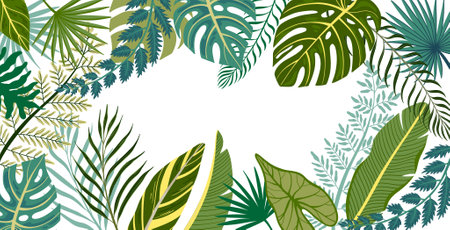 Flat frame with green leaves of various exotic tropical trees and plants on white background vector illustrationのイラスト素材