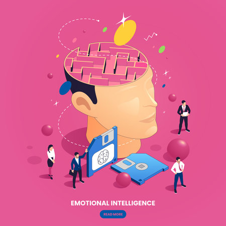 Emotional intelligence thinking mental concepts isometric composition with clickable button text and labyrinth in brain image vector illustrationのイラスト素材