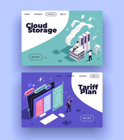 Set with two horizontal web hosting landing pages with isometric icons of cloud storage tariff plan vector illustrationのイラスト素材