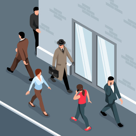 Isometric espionage concept with male in disguise on city street vector illustrationのイラスト素材
