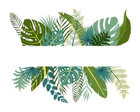 Green exotic tropical leaves flat decorative elements composition on white background isolated vector illustrationのイラスト素材