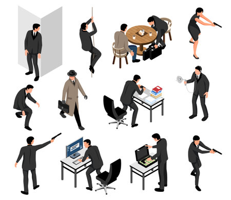 Isometric spy icons set with secret agents and espionage characters isolated vector illustrationのイラスト素材