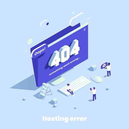 Web hosting isometric composition with icons of desktop computer parts with 404 error and users characters vector illustrationのイラスト素材