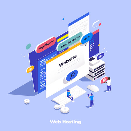 Web hosting isometric composition with icons of website windows and buttons on desktop computer with people vector illustrationのイラスト素材
