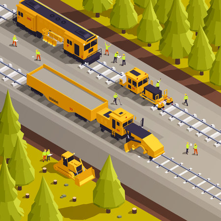 Isometric railroad track laying process with railway machinery and working people 3d vector illustrationのイラスト素材