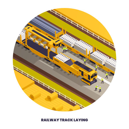 Round composition with railroad track laying construction vehicles railway equipment machines isometric images and editable text vector illustrationのイラスト素材