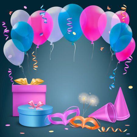 Celebration party background with balloons and gift boxes symbols realistic vector illustrationのイラスト素材