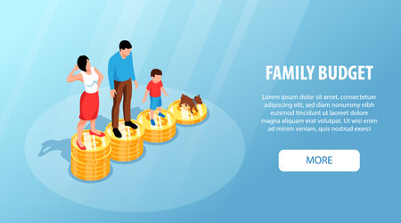 Isometric family budget composition with people standing on coin stacks vector illustrationのイラスト素材