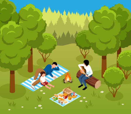 Isometric barbecue concept with people near forest bonfire vecto4r illustrationのイラスト素材