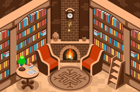 Isometric luxury library interior with fireplace and bookshelves vector illustrationのイラスト素材