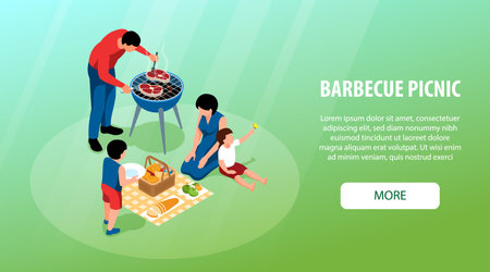 Isometric barbecue horizontal banner with family eating grilled meat outdoors vector illustrationのイラスト素材