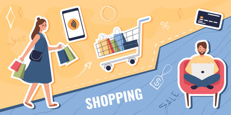 Shopping people composition with collage of flat cart smartphone and credit card icons with human characters vector illustrationのイラスト素材