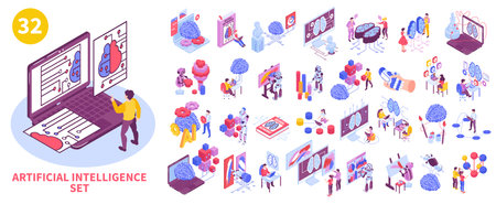 Isometric neural network artificial intelligence big set with isolated icons of futuristic technologies and human characters vector illustrationのイラスト素材
