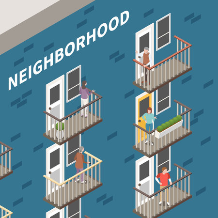 Neighbours isometric concept with people on building balcony vector illustrationのイラスト素材