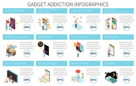 Gadget addiction isometric infographics with electronic devices dependence symbols vector illustrationのイラスト素材