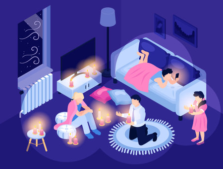Isometric power outage composition with indoor scenery and room with family members burning candles during blackout vector illustrationのイラスト素材
