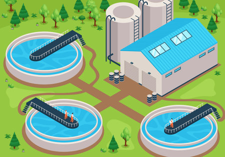 Isometric water purification technology composition with outdoor scenery of forest with aeration units and human workers vector illustrationのイラスト素材