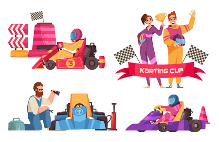 Karting cartoon icons set with race competition symbols isolated vector illustrationのイラスト素材