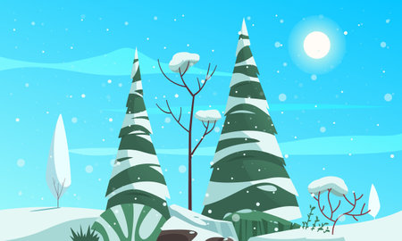 Ecosystem types cartoon poster with pine trees covered with snow vector illustrationのイラスト素材