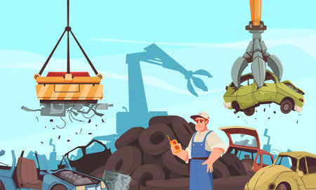 Car dump cartoon concept with handyman operating auto crushing machinery vector illustrationのイラスト素材