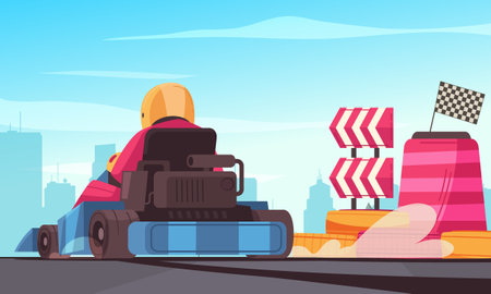 Karting cartoon poster with racer driving on raceway vector illustrationのイラスト素材