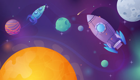 Space cartoon composition with outer space scenery and planets with shiny stars comets and flying rockets vector illustrationのイラスト素材
