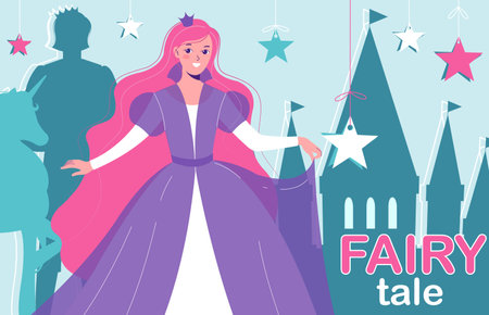 Fairy tale composition with collage of flat text and character of princess with silhouettes of castle vector illustrationのイラスト素材