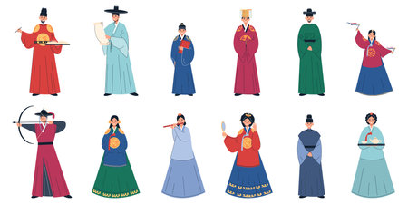 Royal family set of twelve flat isolated human characters in traditional medieval costumes of korean culture vector illustrationのイラスト素材