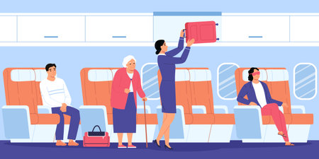 Airplane interior flat concept with stewardess and passengers vector illustrationのイラスト素材