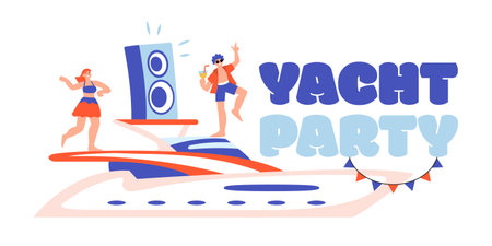 Yacht party composition of text and flat image of modern boat with loudspeaker and dancing people vector illustrationのイラスト素材