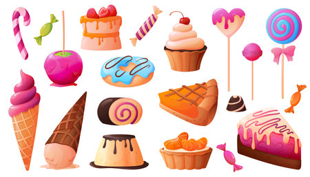 Candy sweets set of isolated cartoon style icons of confectionery products cakes lollipops donuts and candies vector illustrationのイラスト素材
