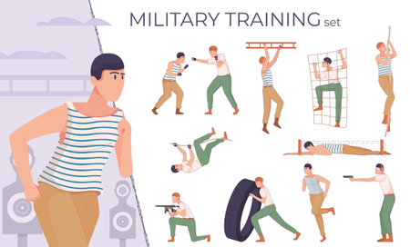 Military training flat composition of text and set with isolated characters of recruits performing army exercises vector illustrationのイラスト素材