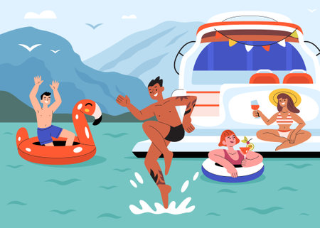 Yacht party flat composition with outdoor scenery of sea water bay with chilling friends drinking jumping vector illustrationのイラスト素材