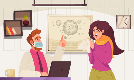Flu cartoon composition with coughing patient and doctor vector illustrationのイラスト素材