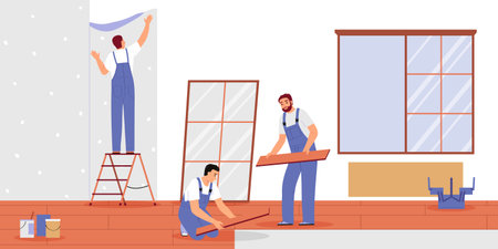 Home renovation flat concept with handymen repairing floors and wallpapers vector illustrationのイラスト素材